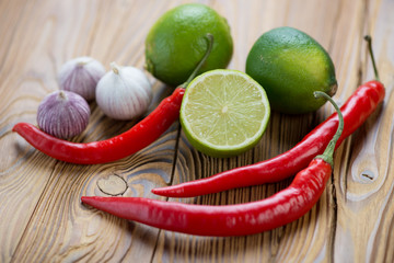 Thai cooking ingredients on a rustic wooden table
