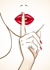 Obraz premium Illustration of woman lips with finger in shh sign