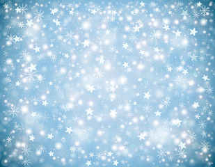 Winter Christmas background, falling snowflakes and stars