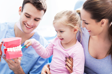 Dentist teaching girl how to brush teeth