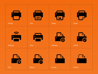 Printer icons on orange background.
