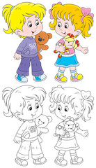 Obraz na płótnie Canvas Little girls play with their doll and teddy bear