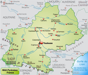 Midi-Pyrénées als Übersichtskarte in Pastelgrün