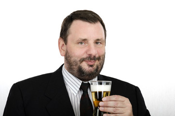 Office man holding lager glass