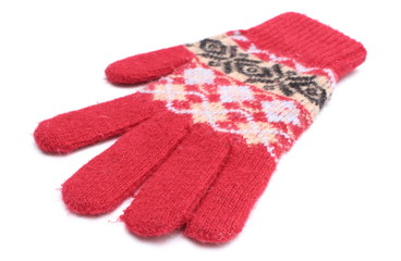 Red woolen glove on white background
