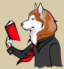 vector drawing of the dog reading a book