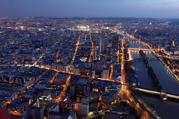 Famous Night view of Paris with the Seine river from the Eiffel