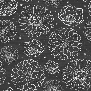 Vector Chalk Flowers Blackboard Seamless Pattern Background Line