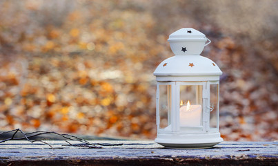 Beautiful lantern on wooden table in autumn forest