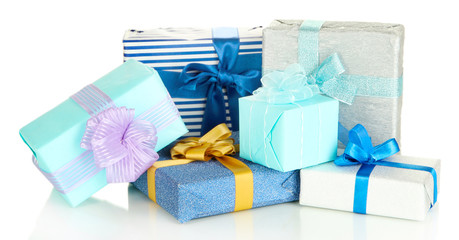 Pile of colorful gifts boxes isolated on white