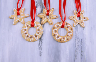 Delicious Christmas cookies on wooden background