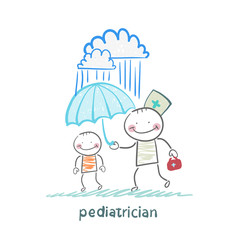 pediatrician holding an umbrella over the child in the rain