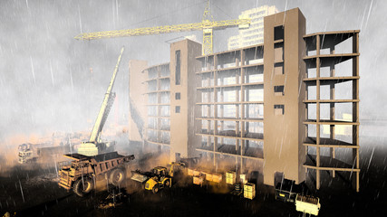 Construction site during rainstorm