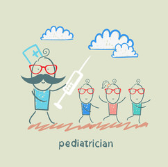 pediatrician with a syringe runs for children