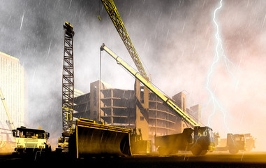Construction site during rainstorm