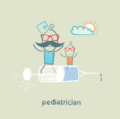pediatrician is flying on a syringe with a sick child