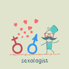 Sexologist holding signs, male and female