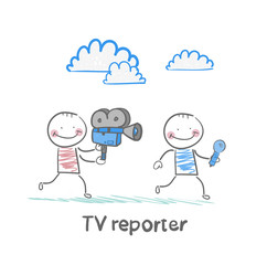 Naklejka premium TV journalists run with a camera and microphone