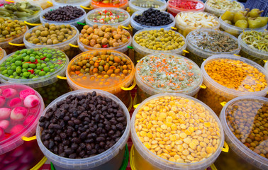 Pickles varied olives onion carrot lupins hot pepper gherkin