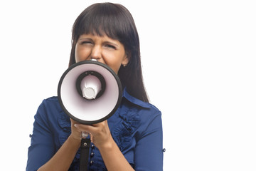 Young Brunette Woman With Megaphone Screaming