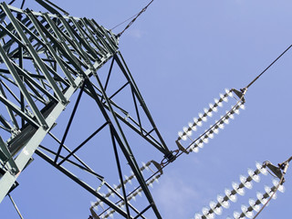 green high voltage pylons view from above