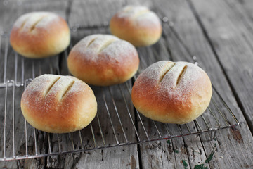 Cornmeal dinner rolls, sandwich bread freshly baked