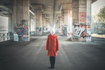 rabbit mask woman red coat