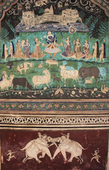 Colorful wall paintings in Chitrashala, Bundi Palace, India