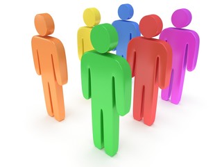 Group of stylized colored people stand on white
