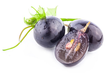 Ripe grapes berry with leaf, Isolated on white