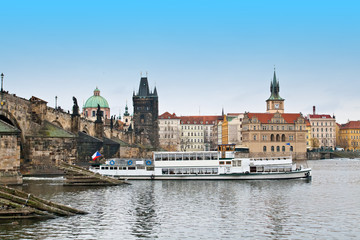 Fototapeta na wymiar Boat on the Vltava river in Prague