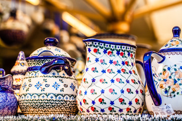 Colorful ceramics in traditonal polish market.