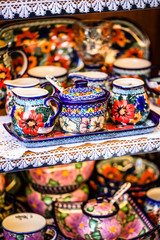 Colorful ceramics in traditonal polish market.