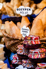 Traditional polish smoked cheese oscypek on market,Krakow,Poland