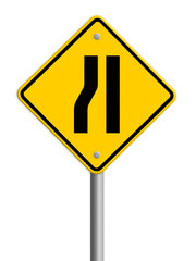 Road narrows merge right sign isolated on a white background, pa