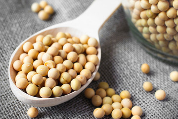 Soya beans in wooden spoon on linen canvas