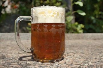 glass full of beer on the blurry background forest