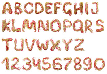 Alphabet of red and gold beads