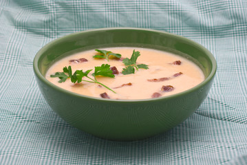 Pea Cream-Soup with Grilled Bacon on Green Tartan Cloth