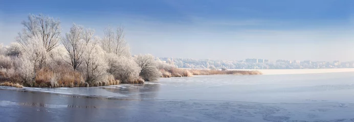 Fotobehang Winter Panorama of the frozen pond