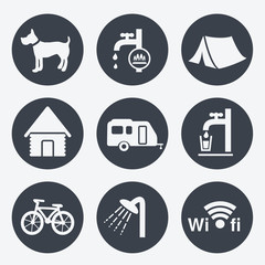 Vector camping icons - circular buttons, set 1