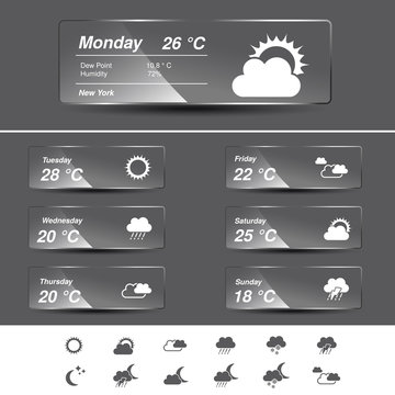 Vector weather forecast, widget, glass banners and symbols