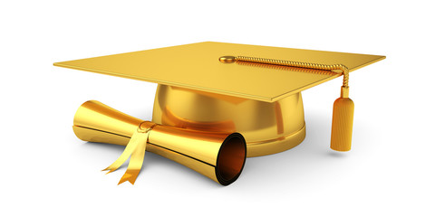 Golden graduation cap with diploma