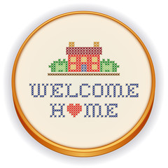 Embroidery, Welcome Home, house, heart, cross stitch sewing hoop
