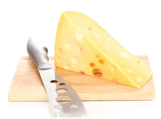 tasty cheese and knife on wooden board isolated on white