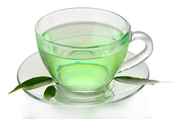 Transparent cup of green tea, isolated on white