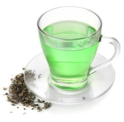 Transparent cup of green tea, isolated on white