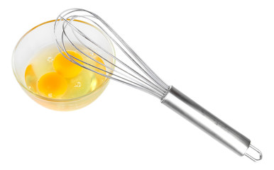 Corolla, flour and broken eggs isolated on white