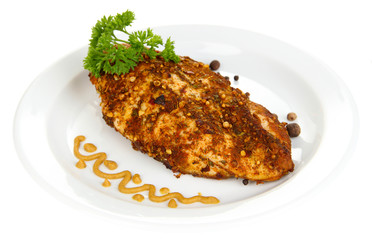 Roasted chicken fillets on white plate, isolated on white