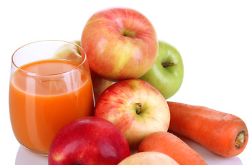 Sweet apples, juice and carrots isolated on white